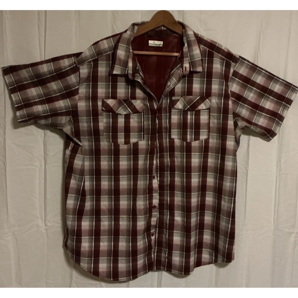 Columbia Shirt Mens 2XL Red White Plaid Short Sleeve Fishing Button Up Outdoor